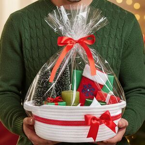 White Small Woven Basket With Bow Storage Baby Toy Basket With Handles